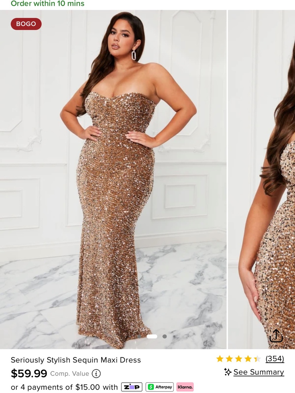 Fashion Nova Strapless Gold Sequin Maxi Dress